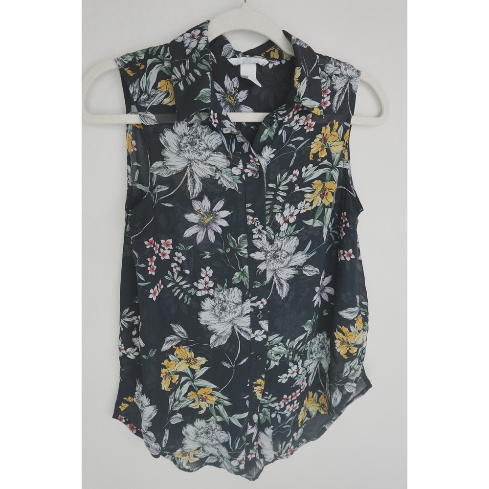 H&M Sleeveless Top‎ Womens Size 2 Floral Print Button Down Semi Sheer Colorful